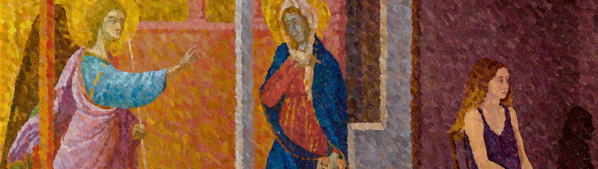 Contemporary pointillism painting, Annunciation with Seated Girl