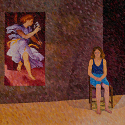 Contemporary pointillism painting, Model with Angel of the Annunciation, 2021
