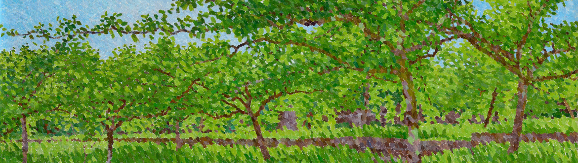Contemporary pointillism painting, Orchard, Evening Light
